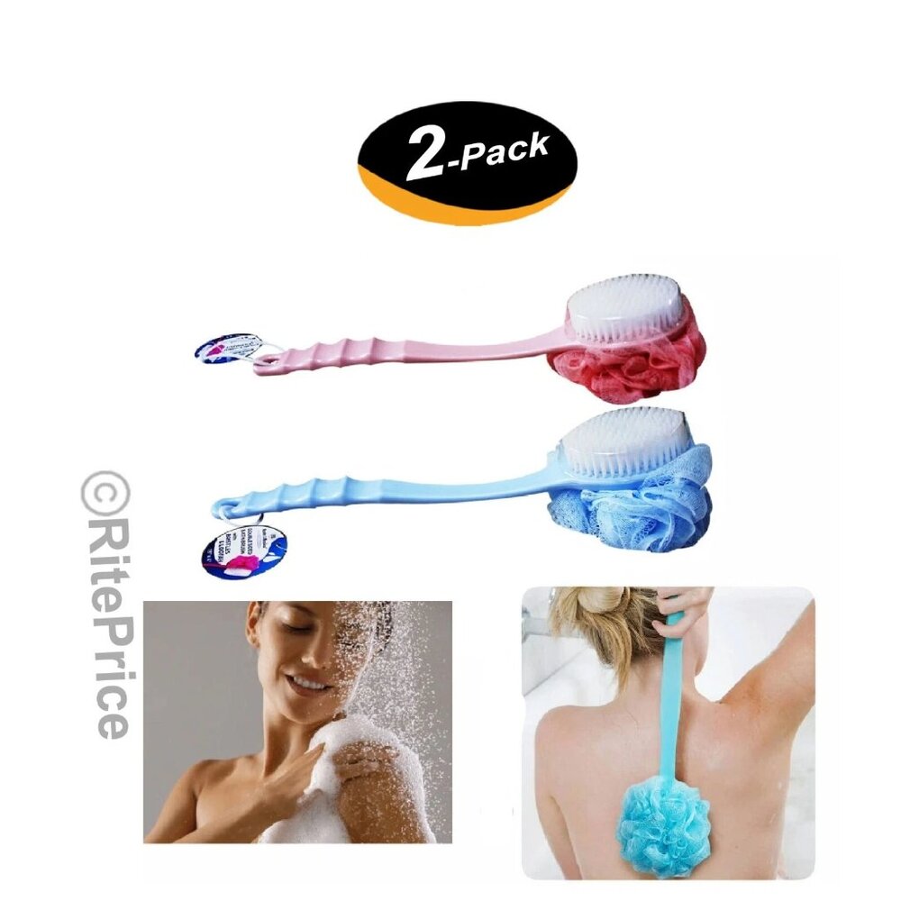 Bath Body Brush Soft Bristles & Loofah Back Scrubber Plastic Handle (2 Pack)